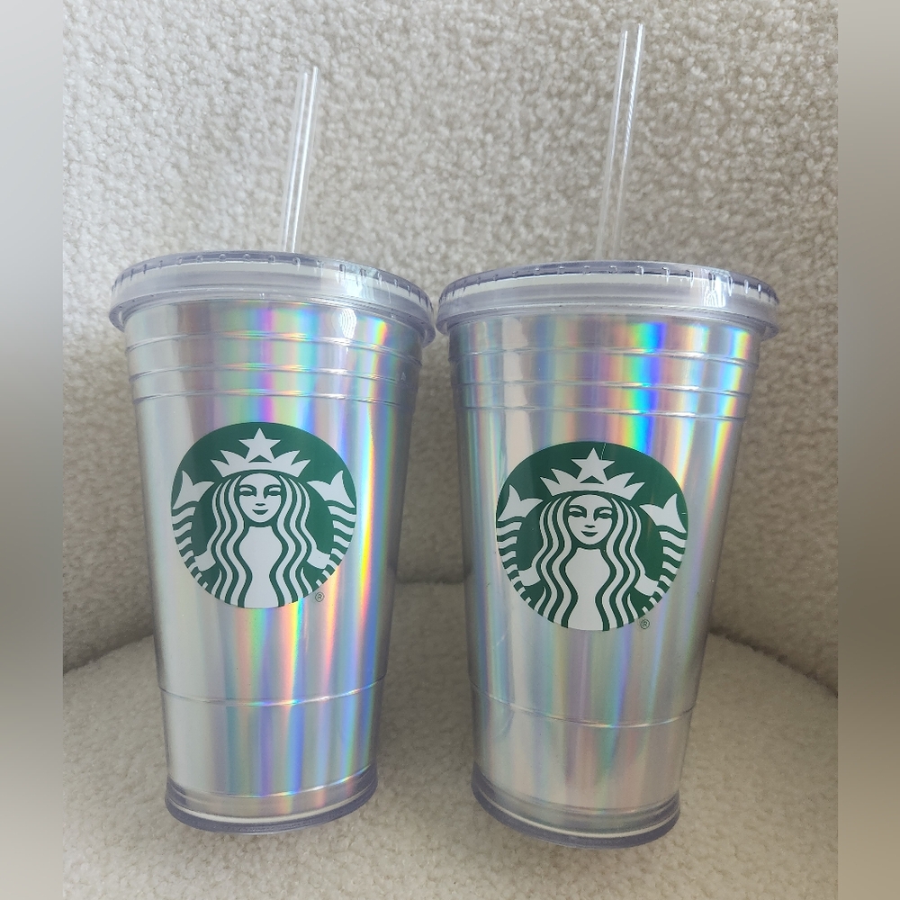 Starbucks 2018 RARE Iridescent Rainbow Siren Logo Tumbler Cold 16Oz Set of 2